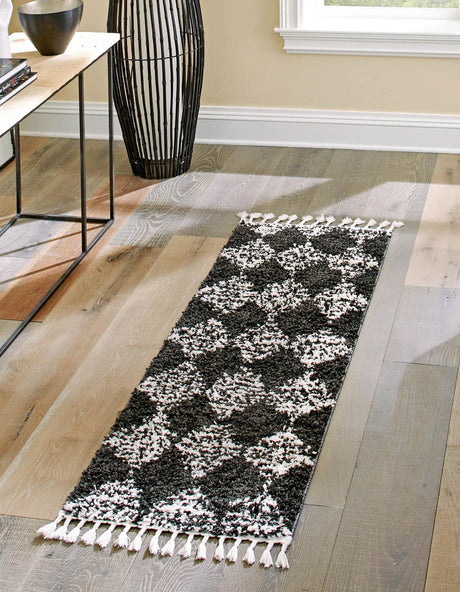 Black and White 2' x 8' Serenity Shag Runner Area Rug Thick Soft Touch Fluffy & Plush Shaggy Pile