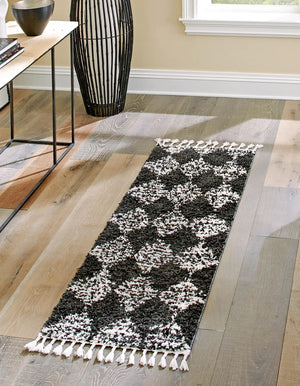 Black and White 2' 7 x 12' Serenity Shag Runner Area Rug Thick Soft Touch Fluffy & Plush Shaggy Pile