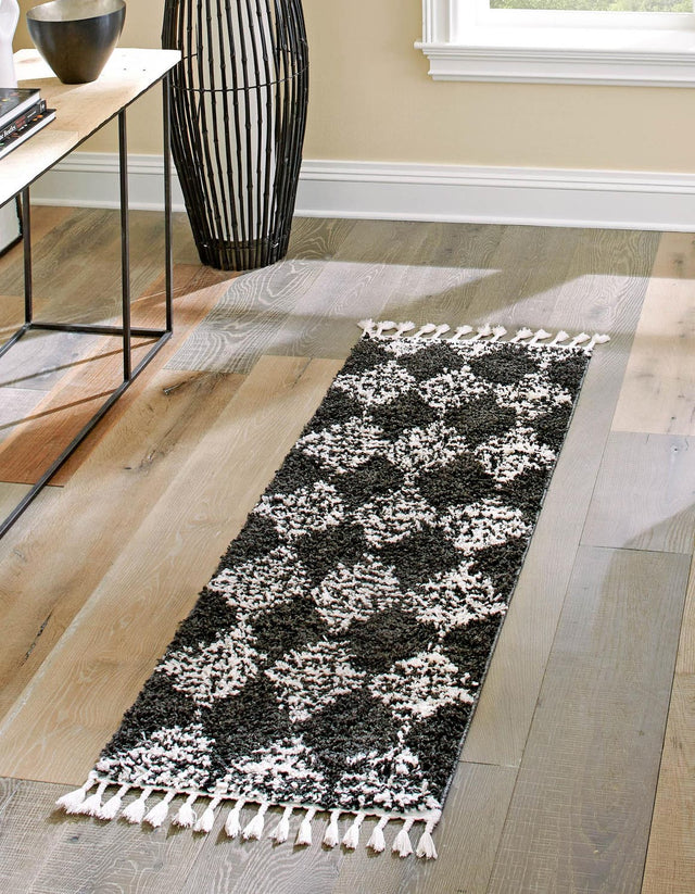 Black and White 2' 7 x 12' Serenity Shag Runner Area Rug Thick Soft Touch Fluffy & Plush Shaggy Pile