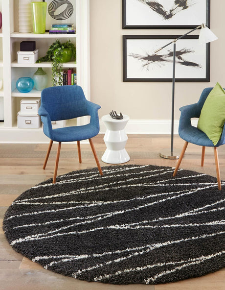 Black and White 10' x 10' Serenity Shag Round Area Rug Thick Soft Touch Fluffy & Plush Shaggy Pile