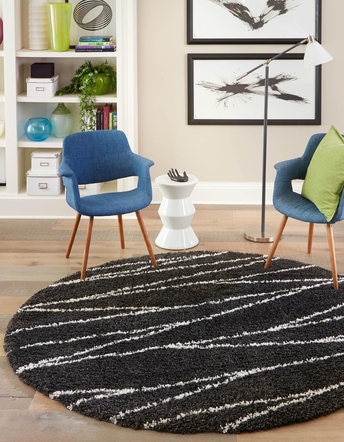 Black and White 7' x 7' Serenity Shag Round Area Rug Thick Soft Touch Fluffy & Plush Shaggy Pile Carpet for Living Rooms, Kitchen, Bedrooms, Office, Dorms for Sale at Rug Engine