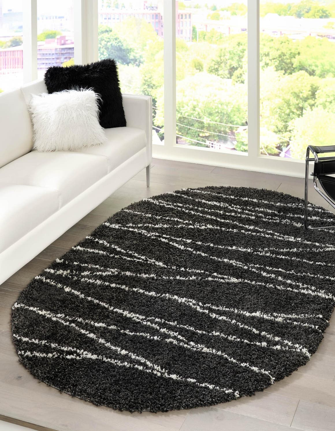Black and White 7' 10 x 10' Serenity Shag Oval Area Rug Thick Soft Touch Fluffy & Plush Shaggy Pile Carpet for Living Rooms, Kitchen, Bedrooms, Office, Dorms for Sale at Rug Engine
