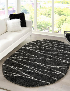 Black and White 7' 10 x 10' Serenity Shag Oval Area Rug Thick Soft Touch Fluffy & Plush Shaggy Pile
