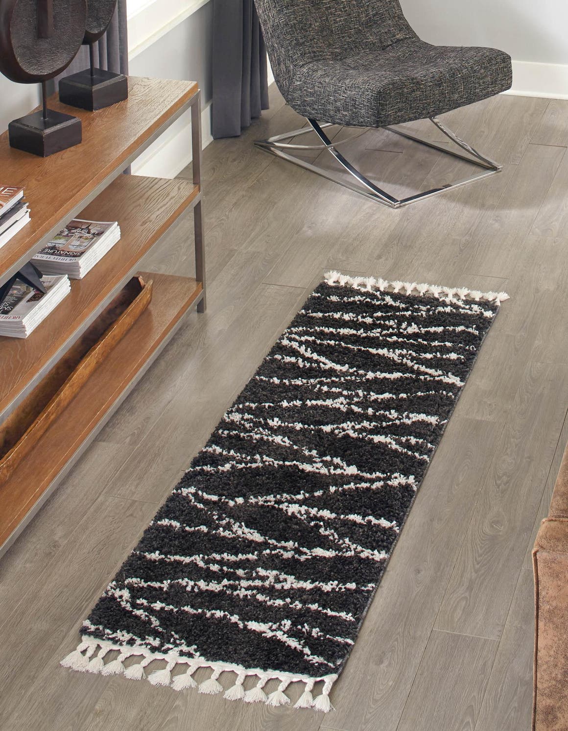 Black and White 2' 7 x 12' Serenity Shag Runner Area Rug Thick Soft Touch Fluffy & Plush Shaggy Pile Carpet for Living Rooms, Kitchen, Bedrooms, Office, Dorms for Sale at Rug Engine