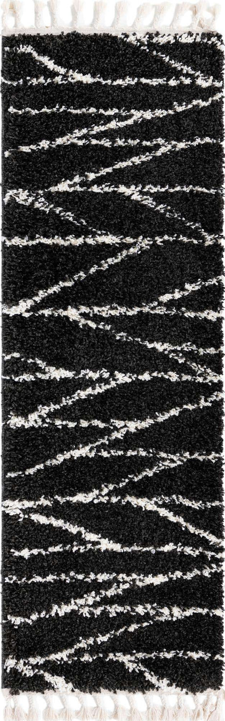 Black and White 2' x 6' Serenity Shag Runner Area Rug Thick Soft Touch Fluffy & Plush Shaggy Pile