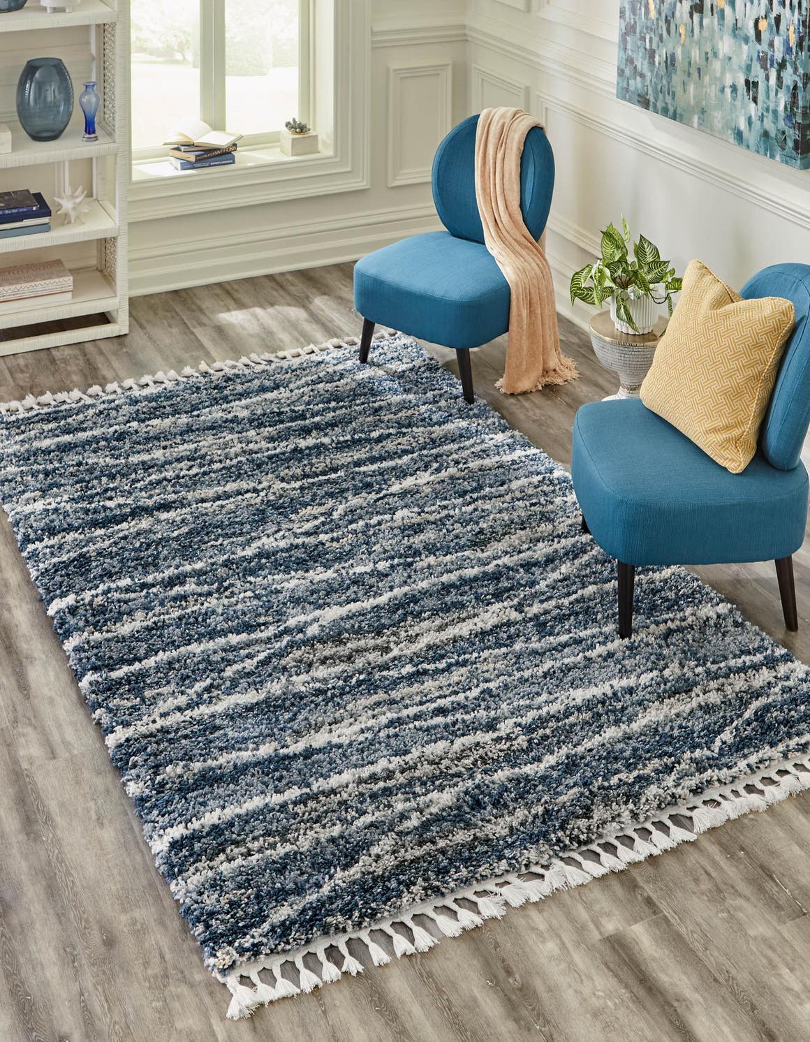 Blue 5' 3 x 8' Serenity Shag Rectangle Area Rug Thick Soft Touch Fluffy & Plush Shaggy Pile Carpet for Living Rooms, Kitchen, Bedrooms, Office, Dorms for Sale at Rug Engine