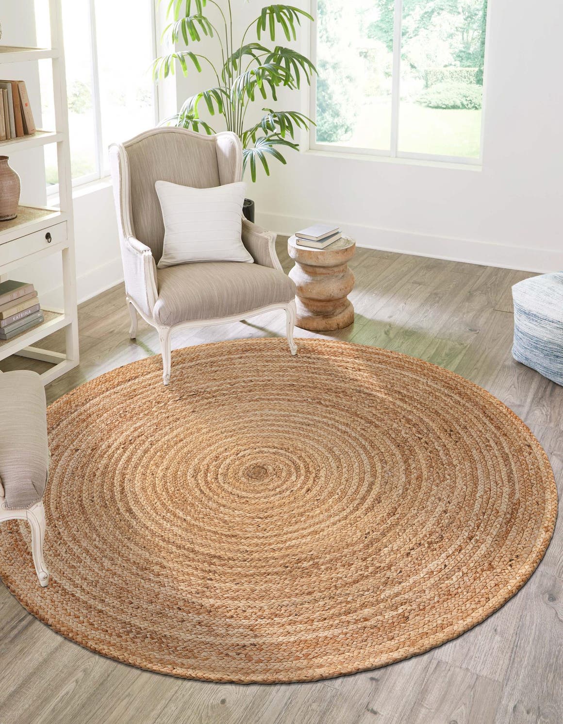 Natural 5' 1 x 5' 1 Braided Jute Luxe Round Area Rug 100% Jute Hand Braided Luxury Natural Eco-Friendly Boho Style Carpet for Living Rooms Dining Office Space Dorms for Sale at Rug Engine
