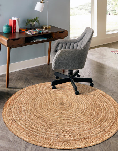Natural 7' 10 x 7' 10 Braided Jute Luxe Round Area Rug 100% Jute Hand Braided Luxury Natural Eco-Friendly Boho Style Carpet for Living Rooms Dining Office Space Dorms for Sale at Rug Engine