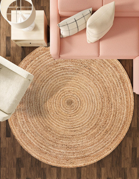 Natural 7' 10 x 7' 10 Braided Jute Luxe Round Area Rug 100% Jute Hand Braided Luxury Natural Eco-Friendly Boho Style Carpet for Living Rooms Dining Office Space Dorms for Sale at Rug Engine