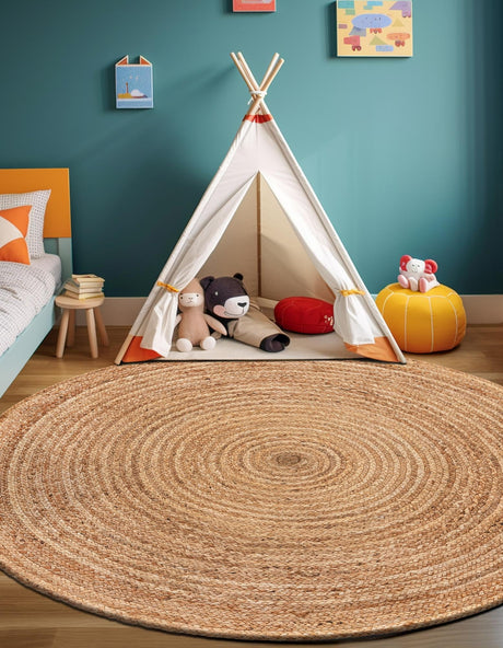 Natural 7' 10 x 7' 10 Braided Jute Luxe Round Area Rug 100% Jute Hand Braided Luxury Natural Eco-Friendly Boho Style Carpet for Living Rooms Dining Office Space Dorms for Sale at Rug Engine