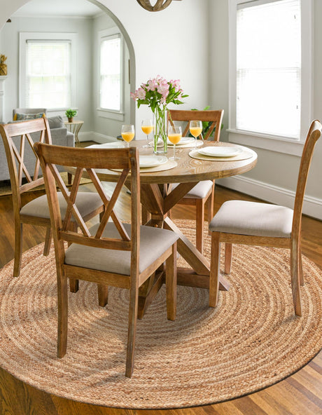 Natural 7' 10 x 7' 10 Braided Jute Luxe Round Area Rug 100% Jute Hand Braided Luxury Natural Eco-Friendly Boho Style Carpet for Living Rooms Dining Office Space Dorms for Sale at Rug Engine