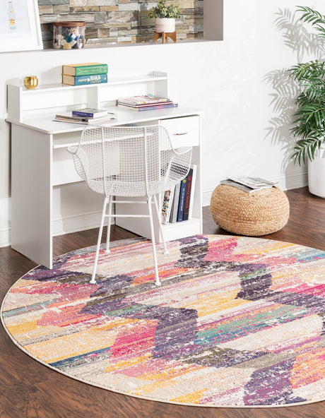 Multicolor 7' x 7' Vivid Round Area Rug Colorful Modern Unique Indoor Easy Clean Durable Carpet Mat for Home Interior Design & Decor for Sale at Rug Engine