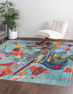 Aqua 7' 10 x 7' 10 Vivid Square Area Rug Colorful Modern Unique Indoor Easy Clean Durable Carpet Mat for Home Interior Design & Decor for Sale at Rug Engine