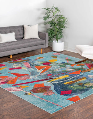 Aqua 7' 10 x 7' 10 Vivid Square Area Rug Colorful Modern Unique Indoor Easy Clean Durable Carpet Mat for Home Interior Design & Decor for Sale at Rug Engine