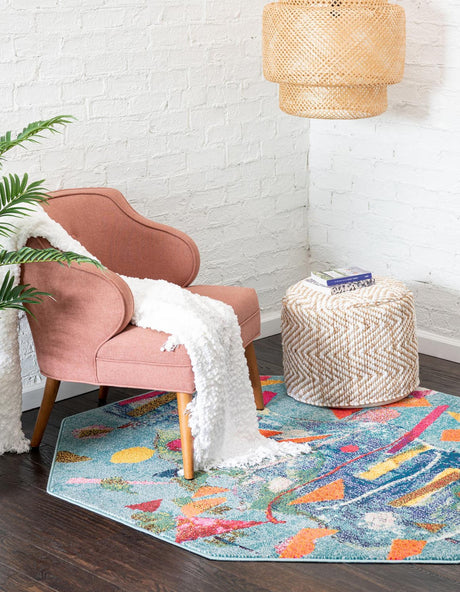Aqua 7' 10 x 7' 10 Vivid Octagon Area Rug Colorful Modern Unique Indoor Easy Clean Durable Carpet Mat for Home Interior Design & Decor for Sale at Rug Engine