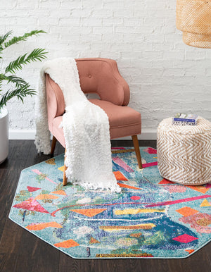 Aqua 5' 3 x 5' 3 Vivid Octagon Area Rug Colorful Modern Unique Indoor Easy Clean Durable Carpet Mat for Home Interior Design & Decor for Sale at Rug Engine