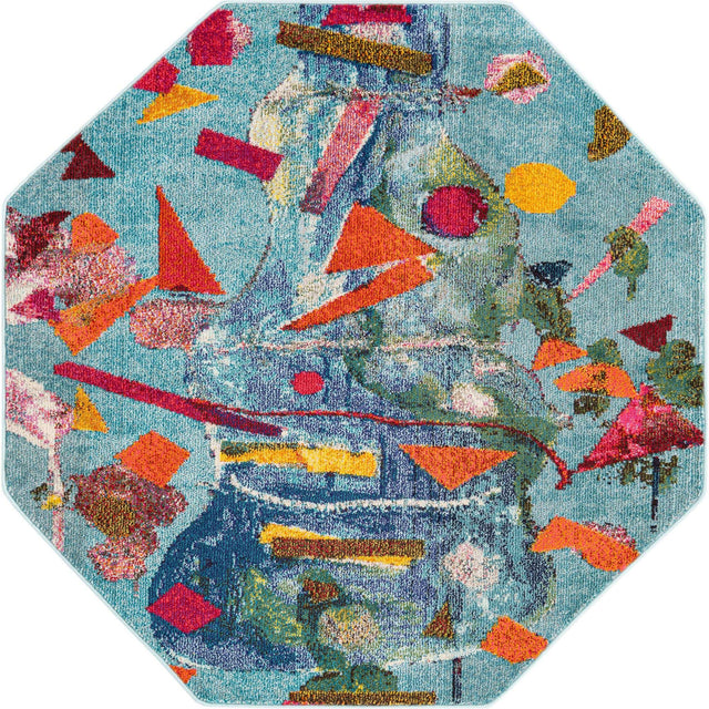 Aqua 5' 3 x 5' 3 Vivid Octagon Area Rug Colorful Modern Unique Indoor Easy Clean Durable Carpet Mat for Home Interior Design & Decor for Sale at Rug Engine