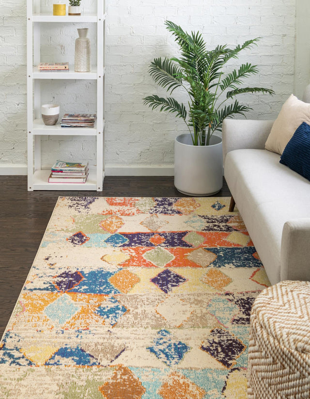 Ivory 9' 10 x 14' Vivid Rectangle Area Rug Colorful Modern Unique Indoor Easy Clean Durable Carpet Mat for Home Interior Design & Decor for Sale at Rug Engine