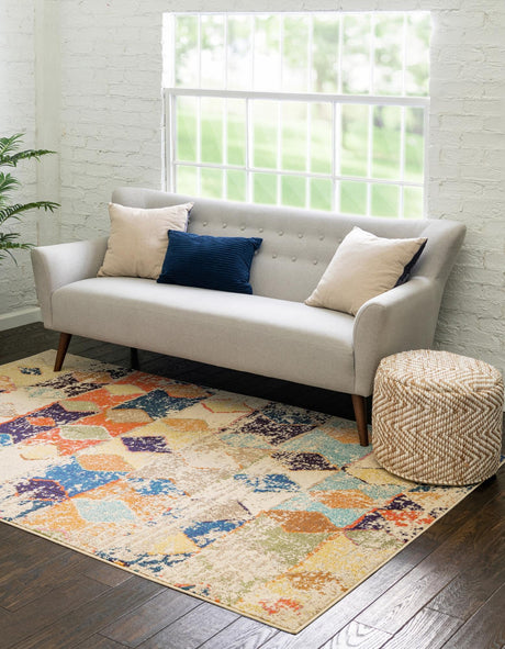 Ivory 9' x 12' Vivid Rectangle Area Rug Colorful Modern Unique Indoor Easy Clean Durable Carpet Mat for Home Interior Design & Decor for Sale at Rug Engine