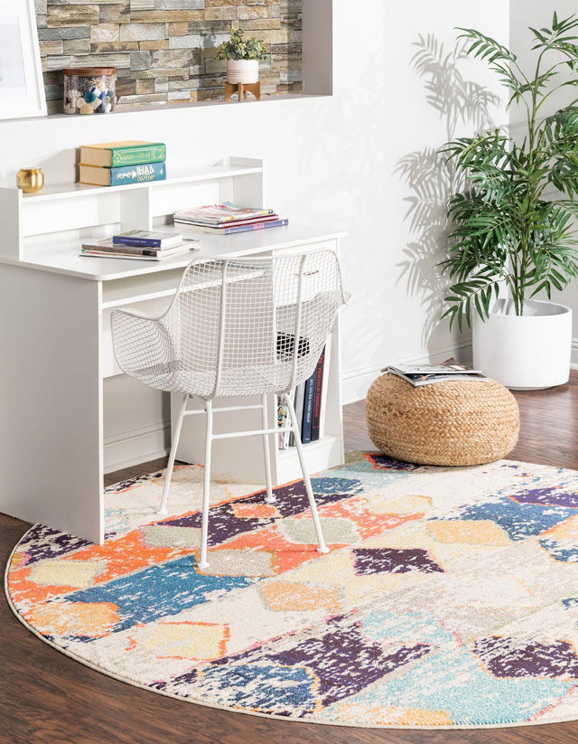 Ivory 7' x 7' Vivid Round Area Rug Colorful Modern Unique Indoor Easy Clean Durable Carpet Mat for Home Interior Design & Decor for Sale at Rug Engine