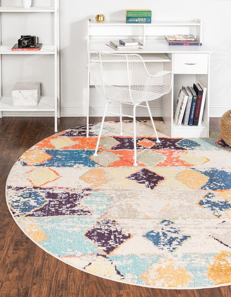 Ivory 7' x 7' Vivid Round Area Rug Colorful Modern Unique Indoor Easy Clean Durable Carpet Mat for Home Interior Design & Decor for Sale at Rug Engine
