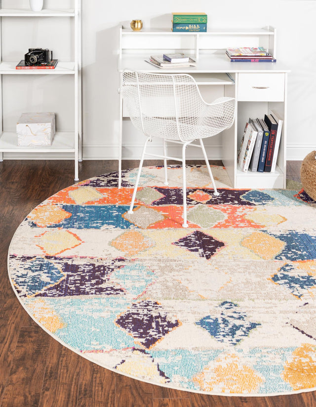 Ivory 3' 3 x 3' 3 Vivid Round Area Rug Colorful Modern Unique Indoor Easy Clean Durable Carpet Mat for Home Interior Design & Decor for Sale at Rug Engine