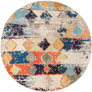 Ivory 7' x 7' Vivid Round Area Rug Colorful Modern Unique Indoor Easy Clean Durable Carpet Mat for Home Interior Design & Decor for Sale at Rug Engine