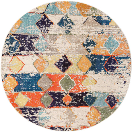 Ivory 7' x 7' Vivid Round Area Rug Colorful Modern Unique Indoor Easy Clean Durable Carpet Mat for Home Interior Design & Decor for Sale at Rug Engine