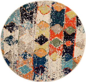 Ivory 3' 3 x 3' 3 Vivid Round Area Rug Colorful Modern Unique Indoor Easy Clean Durable Carpet Mat for Home Interior Design & Decor for Sale at Rug Engine