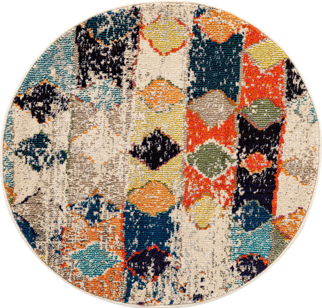 Ivory 3' 3 x 3' 3 Vivid Round Area Rug Colorful Modern Unique Indoor Easy Clean Durable Carpet Mat for Home Interior Design & Decor for Sale at Rug Engine