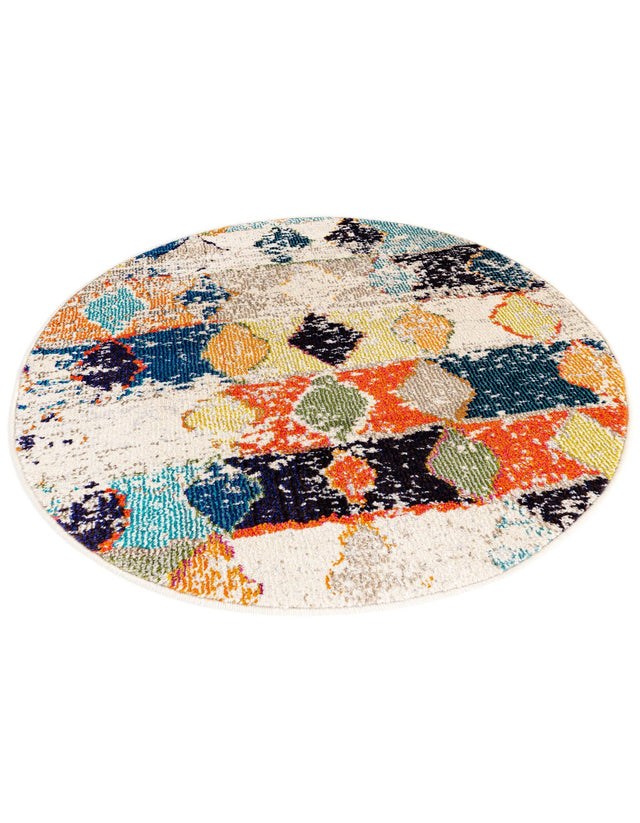 Ivory 3' 3 x 3' 3 Vivid Round Area Rug Colorful Modern Unique Indoor Easy Clean Durable Carpet Mat for Home Interior Design & Decor for Sale at Rug Engine