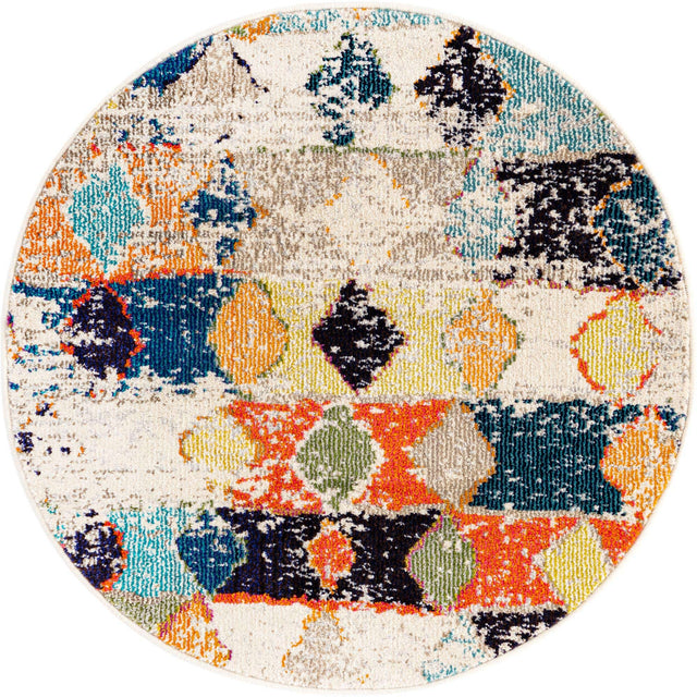 Ivory 3' 3 x 3' 3 Vivid Round Area Rug Colorful Modern Unique Indoor Easy Clean Durable Carpet Mat for Home Interior Design & Decor for Sale at Rug Engine