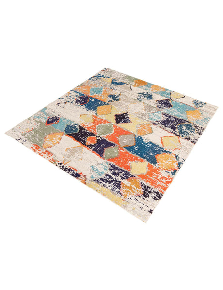 Ivory 7' 10 x 7' 10 Vivid Square Area Rug Colorful Modern Unique Indoor Easy Clean Durable Carpet Mat for Home Interior Design & Decor for Sale at Rug Engine