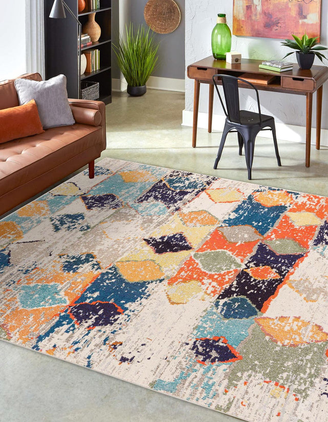 Ivory 9' 10 x 9' 10 Vivid Square Area Rug Colorful Modern Unique Indoor Easy Clean Durable Carpet Mat for Home Interior Design & Decor for Sale at Rug Engine