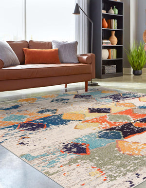 Ivory 7' 10 x 7' 10 Vivid Square Area Rug Colorful Modern Unique Indoor Easy Clean Durable Carpet Mat for Home Interior Design & Decor for Sale at Rug Engine