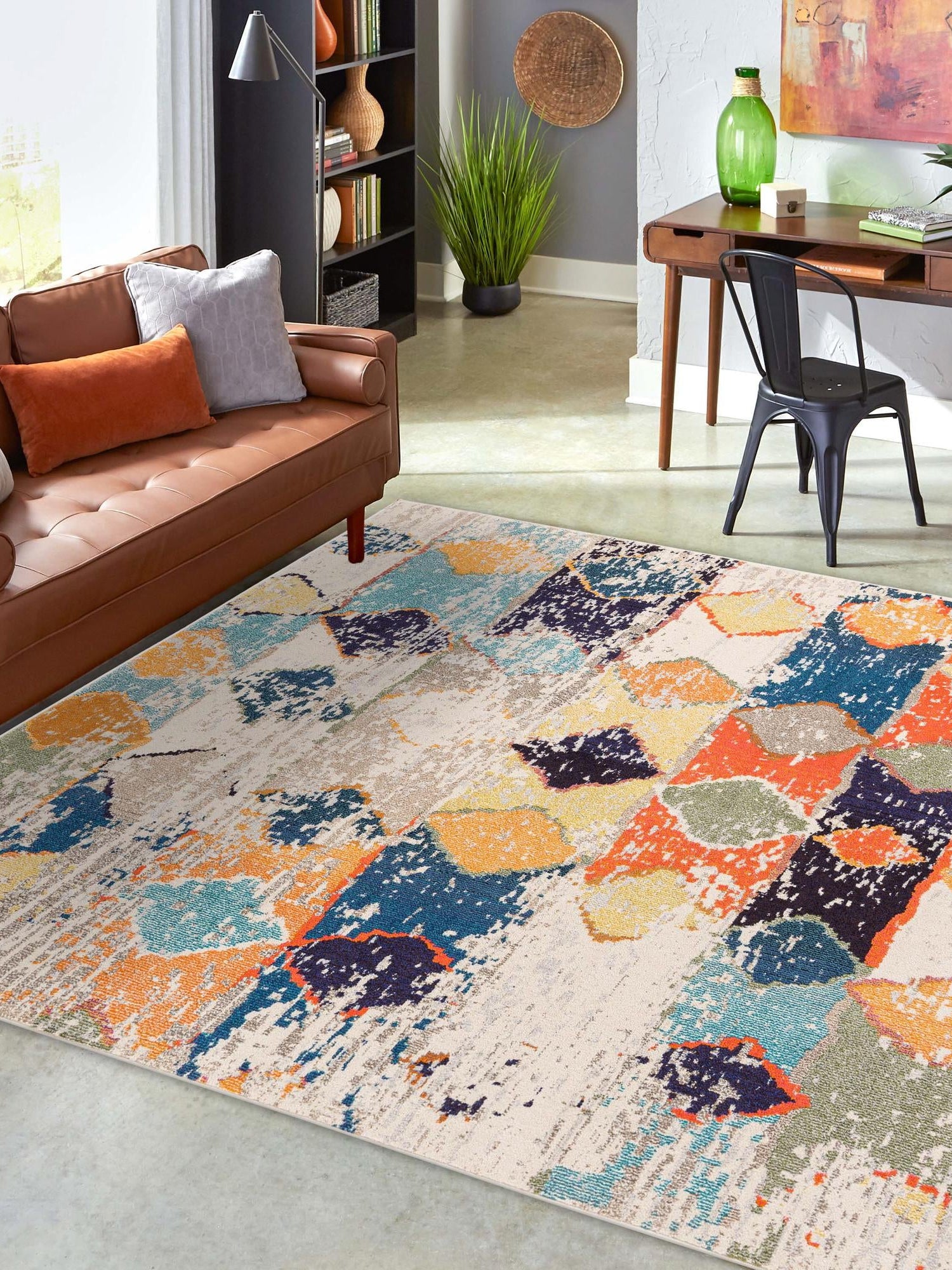 Ivory 9' 10 x 9' 10 Vivid Square Area Rug Colorful Modern Unique Indoor Easy Clean Durable Carpet Mat for Home Interior Design & Decor for Sale at Rug Engine