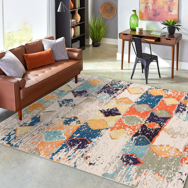 Ivory 9' 10 x 9' 10 Vivid Square Area Rug Colorful Modern Unique Indoor Easy Clean Durable Carpet Mat for Home Interior Design & Decor for Sale at Rug Engine