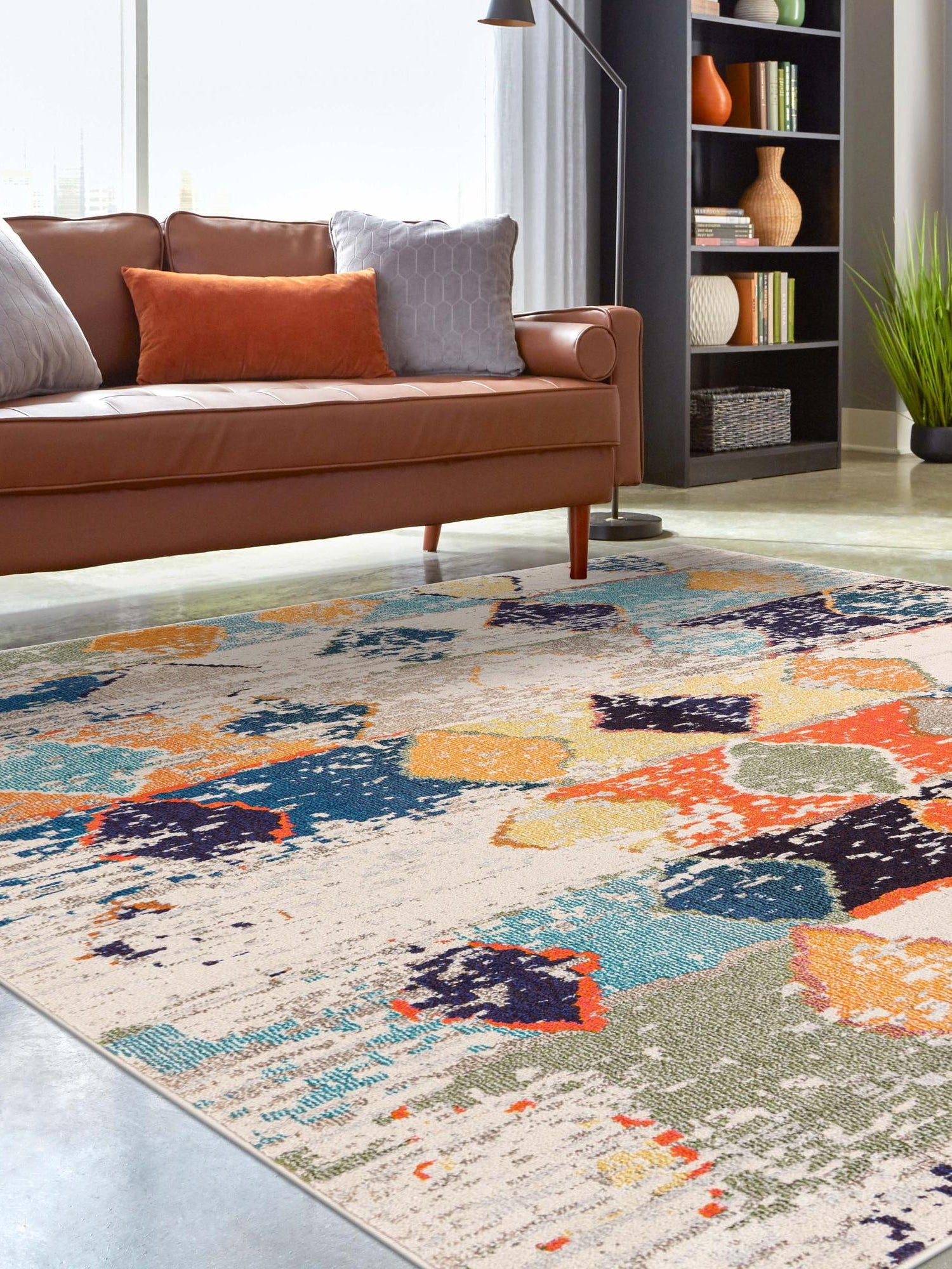 Ivory 9' 10 x 9' 10 Vivid Square Area Rug Colorful Modern Unique Indoor Easy Clean Durable Carpet Mat for Home Interior Design & Decor for Sale at Rug Engine