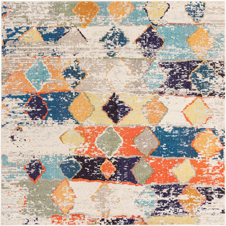 Ivory 7' 10 x 7' 10 Vivid Square Area Rug Colorful Modern Unique Indoor Easy Clean Durable Carpet Mat for Home Interior Design & Decor for Sale at Rug Engine