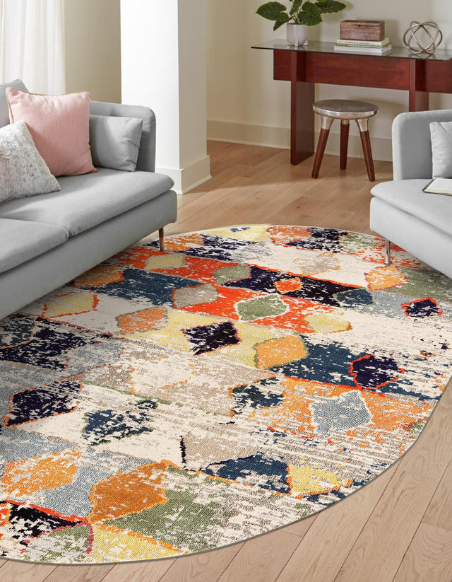 Ivory 7' 10 x 10' Vivid Oval Area Rug Colorful Modern Unique Indoor Easy Clean Durable Carpet Mat for Home Interior Design & Decor for Sale at Rug Engine