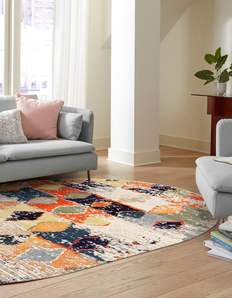Ivory 7' 10 x 10' Vivid Oval Area Rug Colorful Modern Unique Indoor Easy Clean Durable Carpet Mat for Home Interior Design & Decor for Sale at Rug Engine