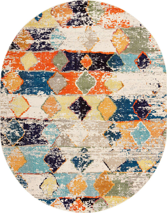 Ivory 7' 10 x 10' Vivid Oval Area Rug Colorful Modern Unique Indoor Easy Clean Durable Carpet Mat for Home Interior Design & Decor for Sale at Rug Engine