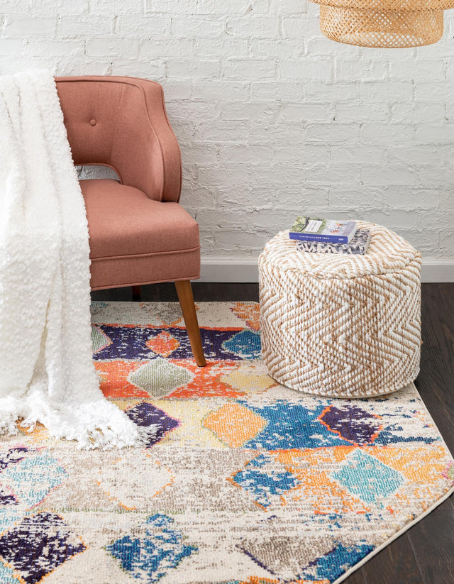 Ivory 7' 10 x 7' 10 Vivid Octagon Area Rug Colorful Modern Unique Indoor Easy Clean Durable Carpet Mat for Home Interior Design & Decor for Sale at Rug Engine