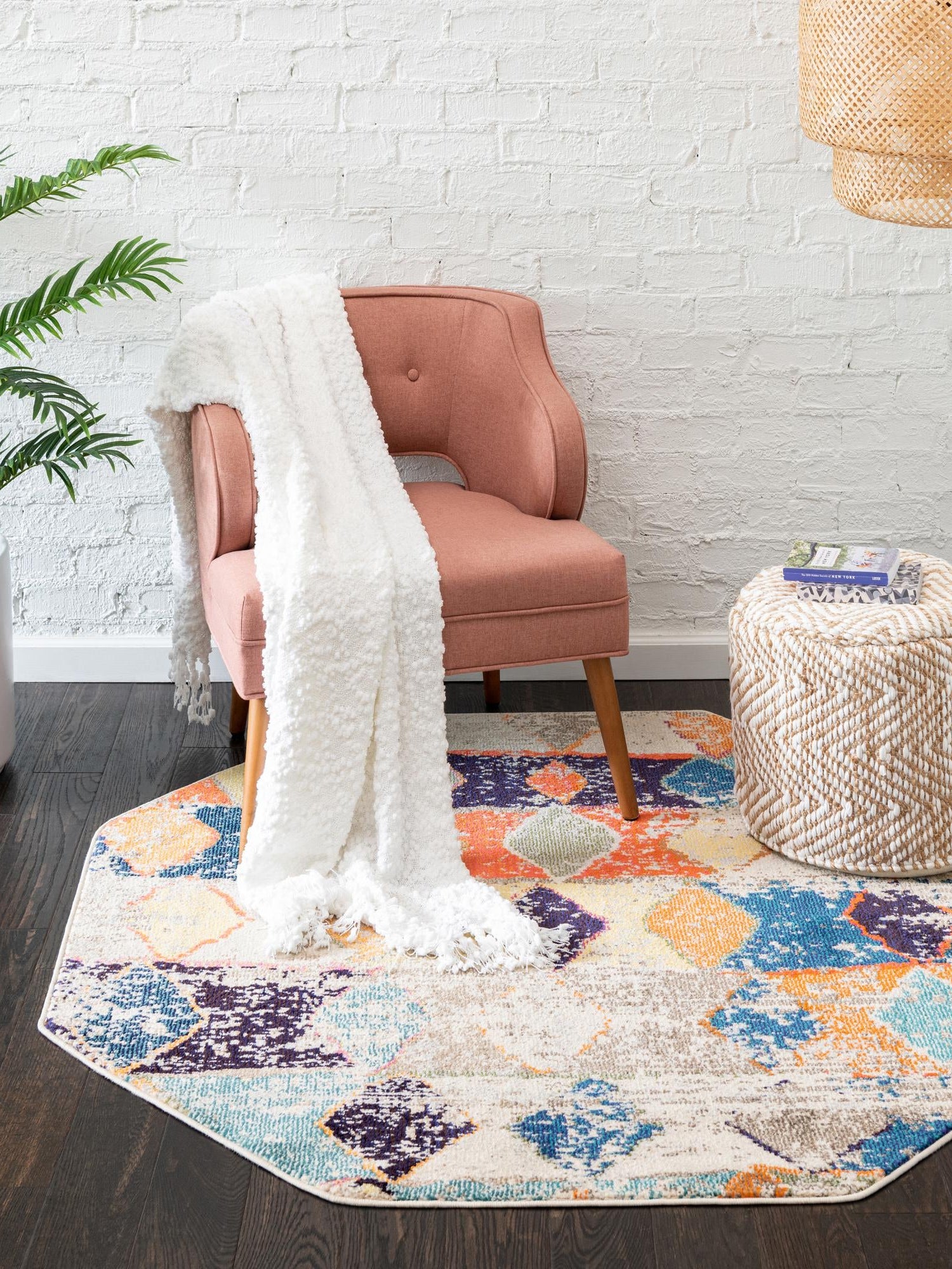 Ivory 7' 10 x 7' 10 Vivid Octagon Area Rug Colorful Modern Unique Indoor Easy Clean Durable Carpet Mat for Home Interior Design & Decor for Sale at Rug Engine