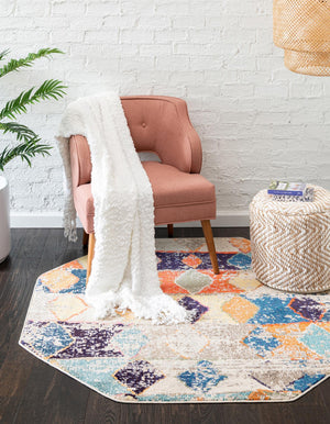 Ivory 7' 10 x 7' 10 Vivid Octagon Area Rug Colorful Modern Unique Indoor Easy Clean Durable Carpet Mat for Home Interior Design & Decor for Sale at Rug Engine