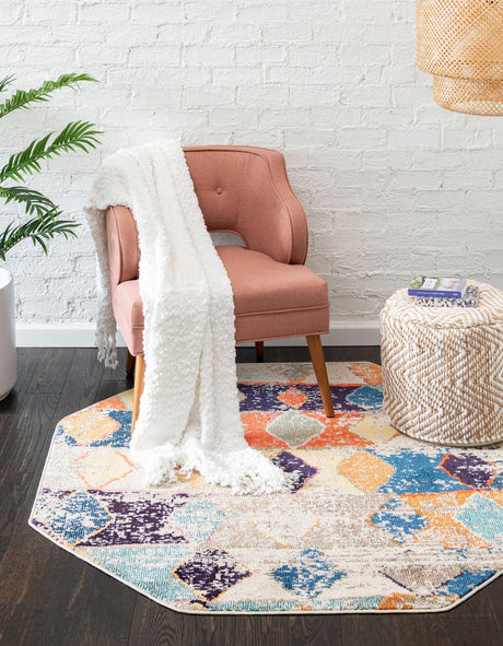 Ivory 7' 10 x 7' 10 Vivid Octagon Area Rug Colorful Modern Unique Indoor Easy Clean Durable Carpet Mat for Home Interior Design & Decor for Sale at Rug Engine