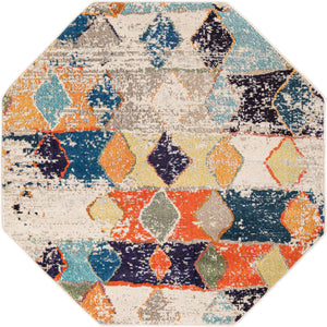 Ivory 5' 3 x 5' 3 Vivid Octagon Area Rug Colorful Modern Unique Indoor Easy Clean Durable Carpet Mat for Home Interior Design & Decor for Sale at Rug Engine