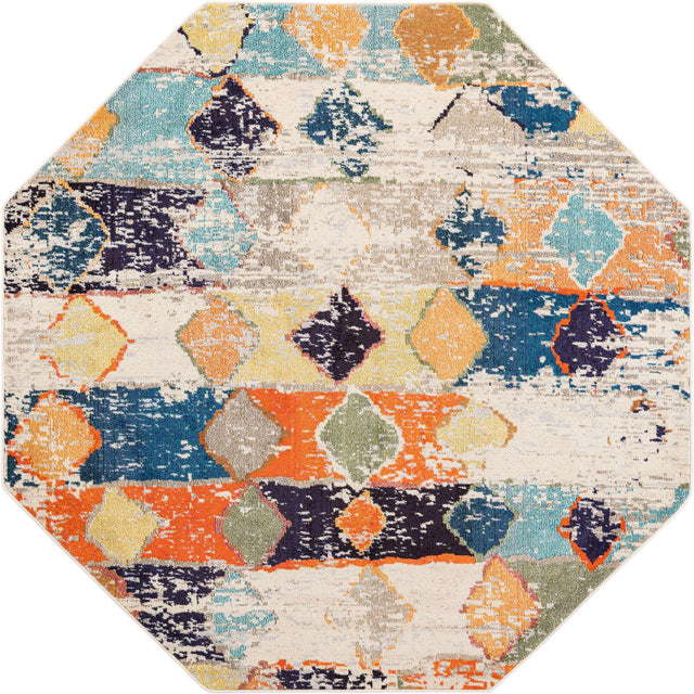 Ivory 7' 10 x 7' 10 Vivid Octagon Area Rug Colorful Modern Unique Indoor Easy Clean Durable Carpet Mat for Home Interior Design & Decor for Sale at Rug Engine