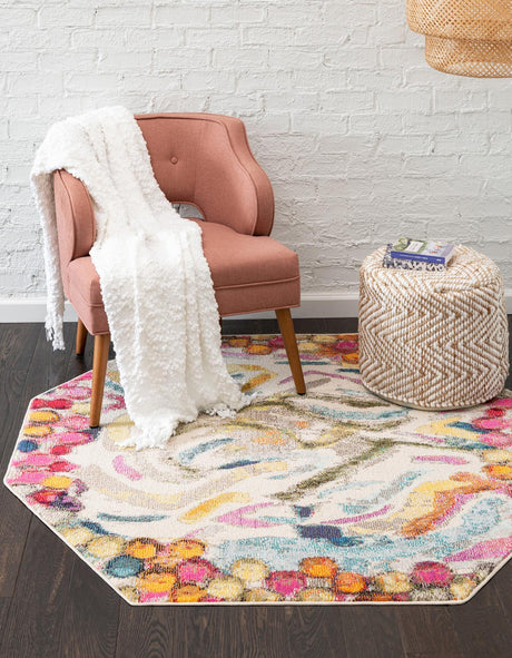 Multicolor 7' 10 x 7' 10 Vivid Octagon Area Rug Colorful Modern Unique Indoor Easy Clean Durable Carpet Mat for Home Interior Design & Decor for Sale at Rug Engine