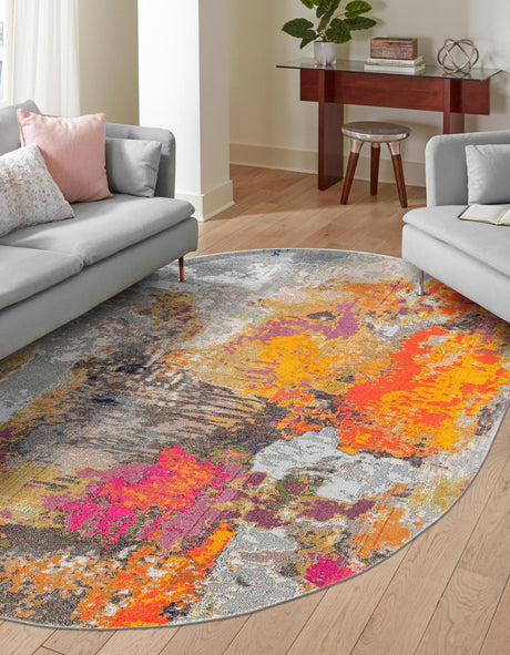 Multicolor 7' 10 x 10' Vivid Oval Area Rug Colorful Modern Unique Indoor Easy Clean Durable Carpet Mat for Home Interior Design & Decor for Sale at Rug Engine